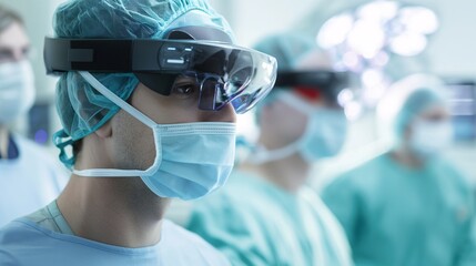 Surgical Precision, Augmented: A surgeon utilizes cutting-edge AR glasses in the operating room, enhancing precision and real-time data analysis for advanced medical procedures.