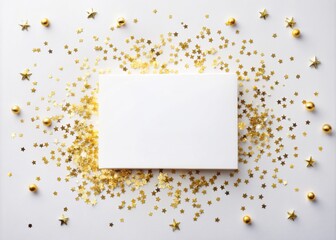 Empty white greeting card surrounded by scattered golden sequins, glitter, and confetti on a white background, featuring a blank space for customization, perfect for celebrations.