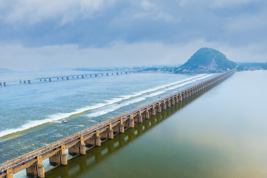 Prakasam barrage over river Krishna in Andhra Pradesh state, India