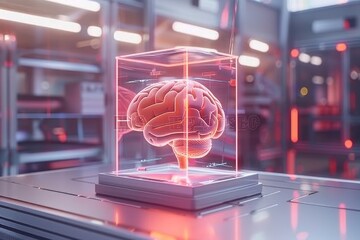 Obraz premium Futuristic laboratory with a brain in a glass case illuminated by neon lights