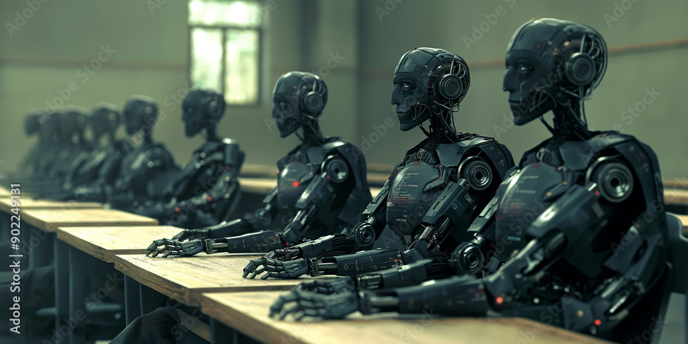 Poster Group of robots students sitting at desk in classroom