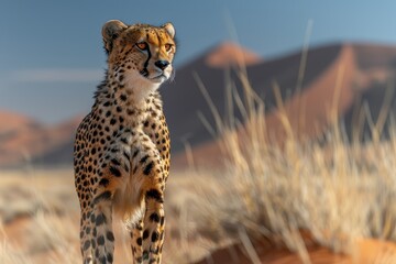Obraz premium Cheetah in the Red Dunes of Sossusvargen – Desert Mountains Background, Clear Blue Sky, National Park Travel and Wildlife Photography, Sunlit Sand, Detailed Fur Texture