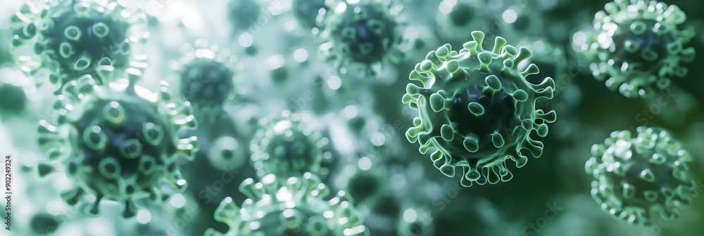 Poster microscopic view of coronavirus covid 19 cells floating and spreading in the air