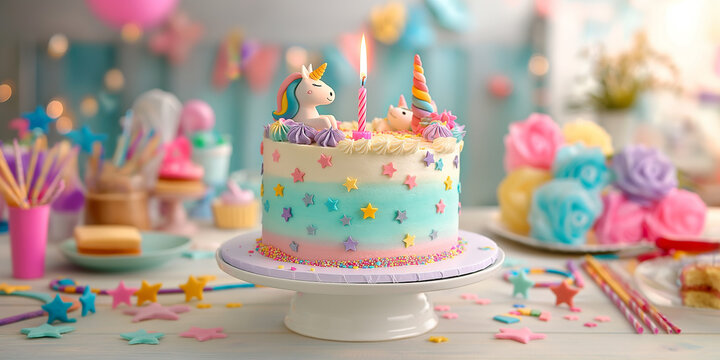 Delicious unicorn cake decorated with stars for a first birthday party