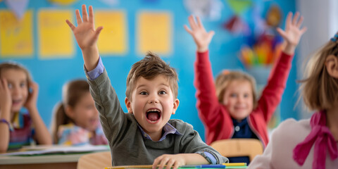 Enthusiastic elementary school student raising hand knowing the answer in classroom