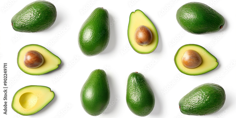 Poster Fresh green avocado pattern showing whole and halved avocados on white background