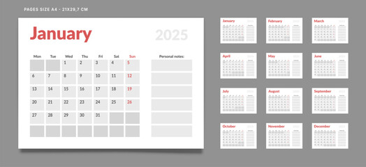 Set of 12 Pages Monthly Calendar Planner Templates on 2025 year. Vector mockup of a wall or desktop calendar with the week start on Monday for print. Pages size A4 -21x29.7cm