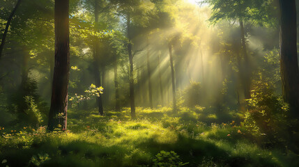 A peaceful forest with sunlight filtering through the trees