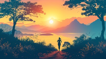 Obraz premium Woman jogging along a scenic trail at sunrise, with mountains in the distance. Cartoon illustrations vectors