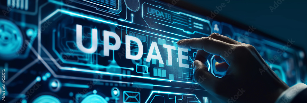 Poster businessman is updating software on a holographic interface