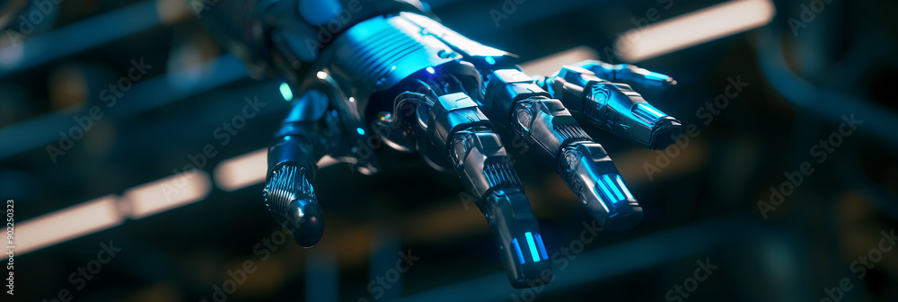 Poster Advanced bionic hand reaching out in futuristic factory setting
