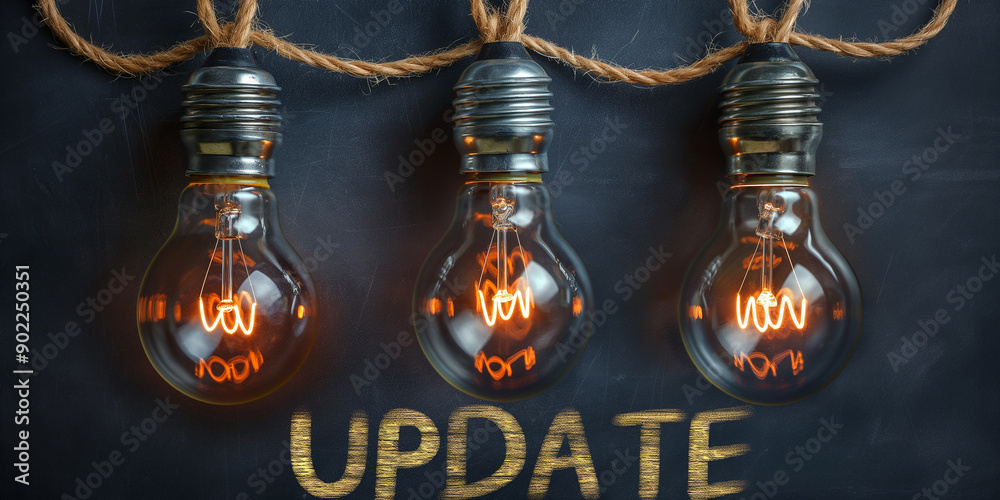 Aufkleber three light bulbs hanging on a string lighting up the word update