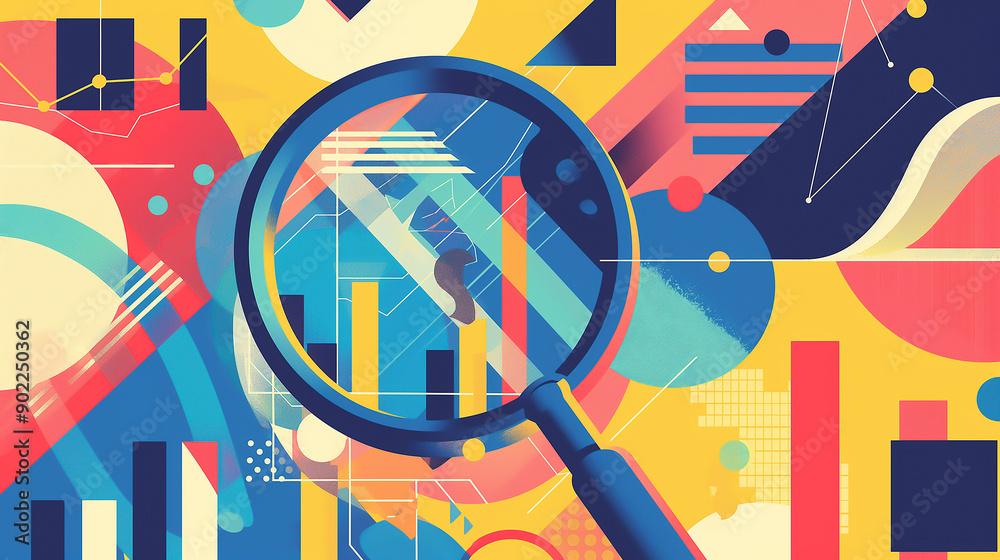 Fototapete A typography-focused design featuring motivational financial phrases and keywords, creatively arranged around an abstract outline of a magnifying glass and graphs.