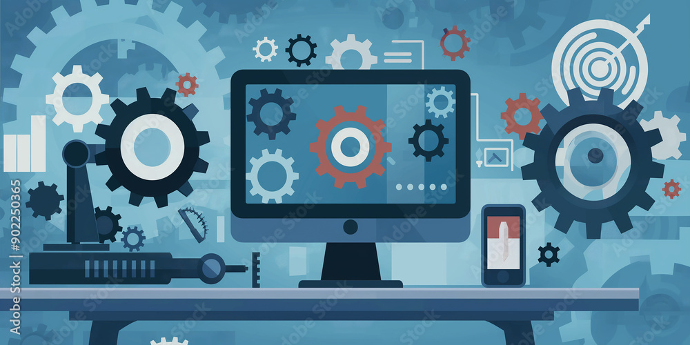 Poster Modern workplace of engineer or architect designing with computer and smartphone