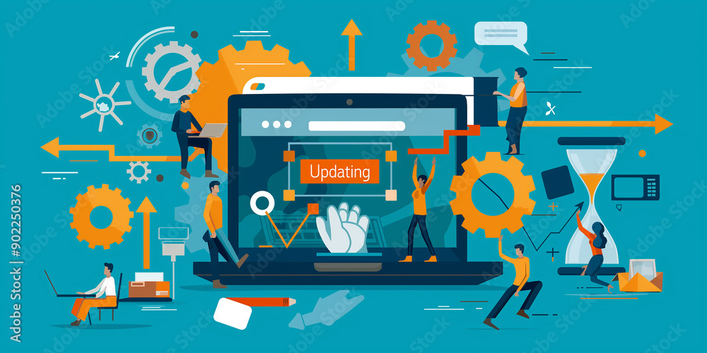 Poster Software developers and web designers updating website on laptop