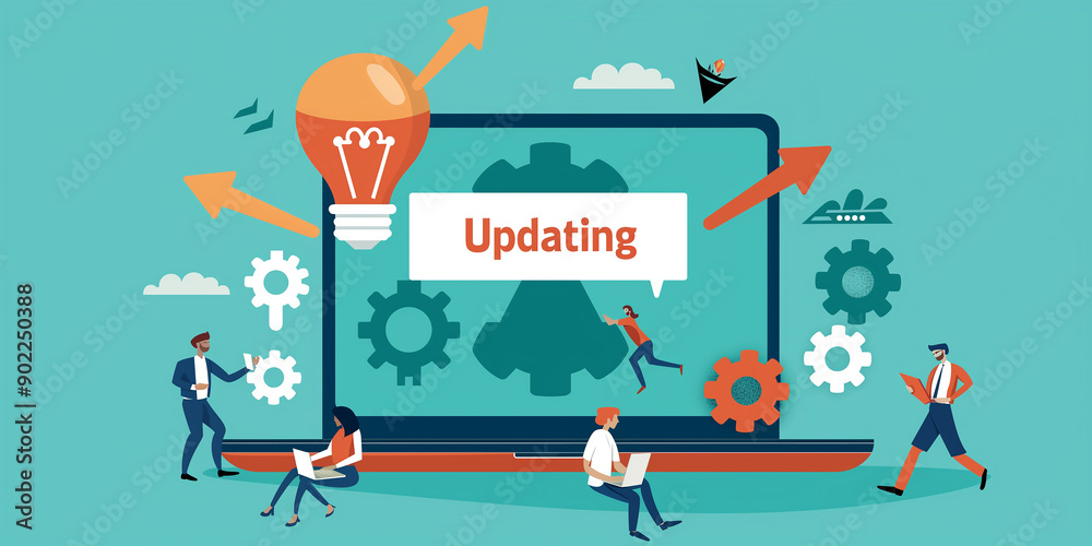 Poster business people updating software system and developing new ideas