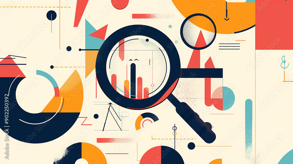 Fototapete A typography-focused design featuring motivational financial phrases and keywords, creatively arranged around an abstract outline of a magnifying glass and graphs.
