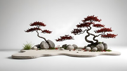 3D Japanese Zen Garden with Red Momiji Tree
