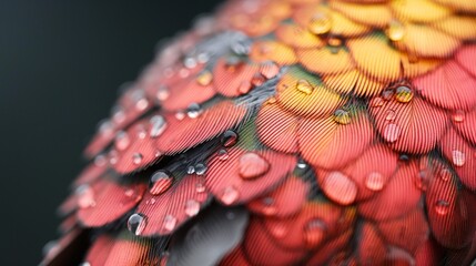 a hummingbird's feathers, iridescent colors and individual barbs visible, water droplets clinging to plumage, tack-sharp focus, high dynamic range