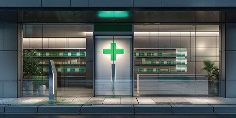 Naklejka premium Modern pharmacy storefront with green cross sign illuminating the city street at night