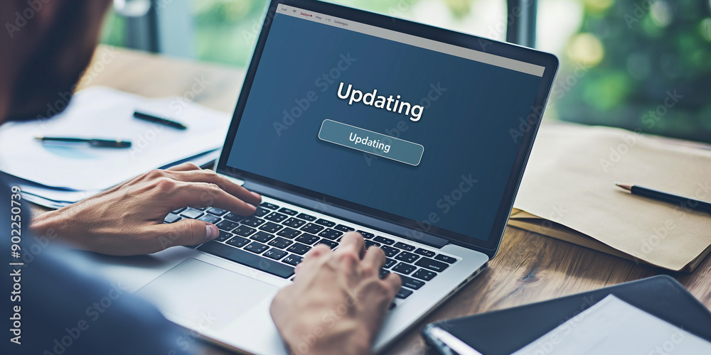 Poster businessman updating software on laptop computer