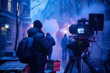 Night Film Set: Camera Crew, Smoke, and City Lights