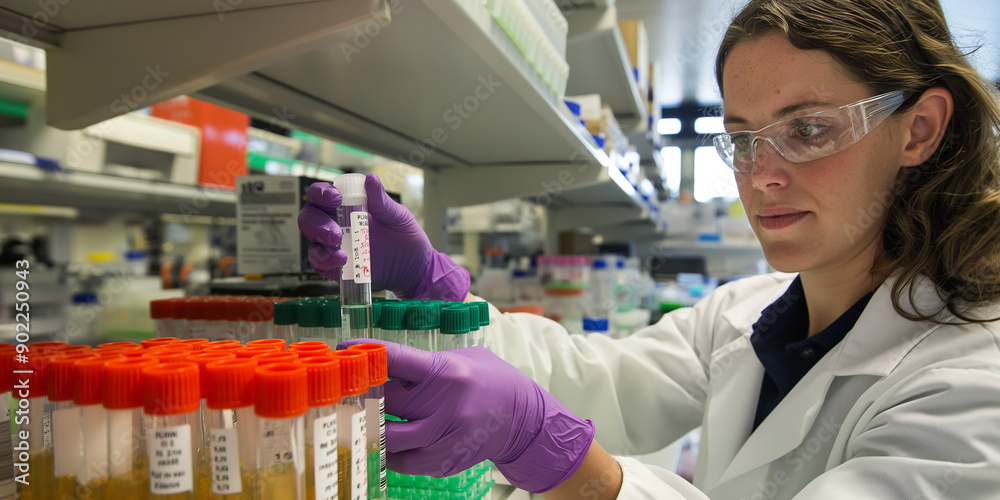 Aufkleber female scientist analyzing test tubes in a laboratory