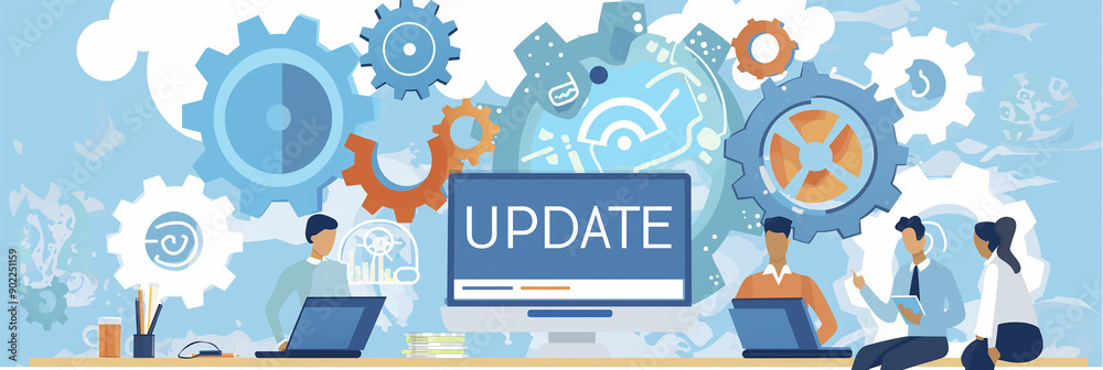 Poster Software developers team working on update with computer and gears