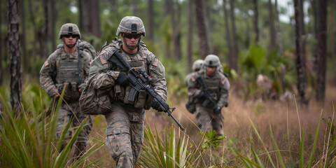 Us army soldiers patrolling dense forest during military operation