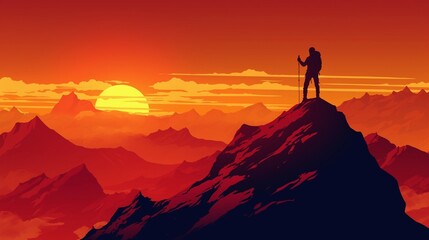 山頂から夕日を眺めている登山家のシルエット8