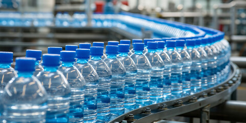 Conveyor belt with bottles of drinking water moving on it in a factory