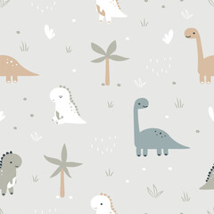 Seamless pattern with cute dinosaurs. Cartoon dinosaurs in pastel color. Used for fabric, textile, wallpaper, wrapping, kids apparel design. Vector illustration © LindaAyu