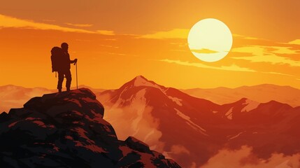 Fototapeta premium 山頂から夕日を眺めている登山家のシルエット21