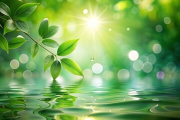 Vibrant blurred nature abstract bokeh background featuring soft focus green foliage, gentle water droplets, and warm light, evoking a sense of serenity and environmental harmony.