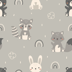 Seamless pattern with cute animal woodland. Bear, rabbit, fox, raccoon in pastel color. Used for fabric, textile, wallpaper, wrapping, kids apparel design. Vector illustration