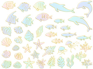 Obraz premium カリグラフィー調の金の線画とカラフルなグラデーションの海の生き物のイラストセット