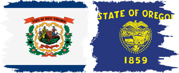 Oregon and West Virginia states grunge brush flags connection, vector