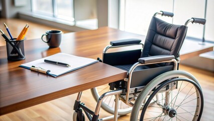 A close-up of a wheelchair next to a desk with papers and a pen, representing accessibility and disability benefits for people with mobility impairments.