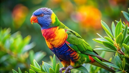 Naklejka premium Vibrant rainbow lorikeet perches on a lush green branch, showcasing its stunning plumage of blue, green, yellow, and orange feathers in a beautiful display.