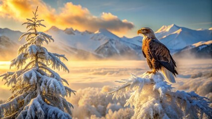 Fototapeta premium Majestic Steller's Sea Eagle perches atop a snow-covered tree, feathers ruffled, eyes fixed on the frozen wilderness, misty mountains rising in the background, sunlight casting a golden glow.