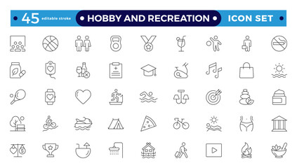 Hobby and recreation linear icons collection. Hobbies for children and adults at home and outdoors. Sports, diving, dancing, reading, drawing, music and singing, collecting, chess, astronomy, photo 
