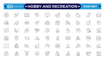 Hobby and recreation linear icons collection. Hobbies for children and adults at home and outdoors. Sports, diving, dancing, reading, drawing, music and singing, collecting, chess, astronomy, photo 
