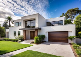 Fototapeta premium Modern suburban home with sleek white stucco exterior and minimalist design elements, surrounded by lush greenery and open front yard on a sunny summer day.