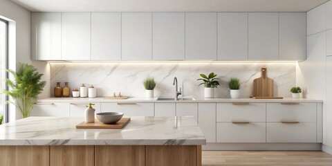 Fototapeta premium Minimalist kitchen setup with white stone table top, empty counter, and adjacent white wall creating a clean and modern display background for products.