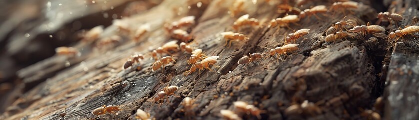 Closeup of termites on wooden surface, shallow depth of field, natural lighting, detailed and intricate