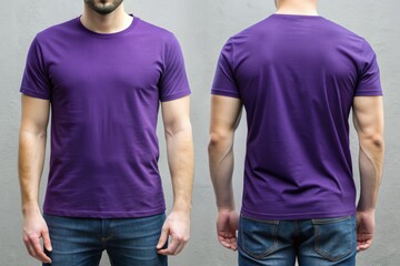 man wearing a blank purple t-shirt, front and back side clothing template mockup