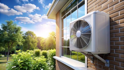 Relaxing atmosphere: a modern mini split air conditioning unit blows refreshing air on a lazy summer day, perfect for beating the sweltering heat outdoors.