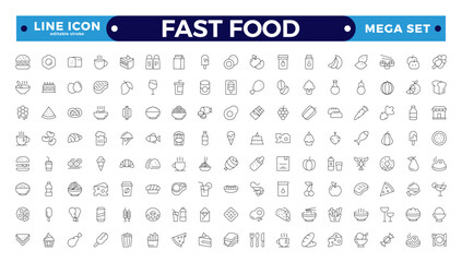 fast food outline icons. Fast food vector icon line set. Burger sandwich pizza hot dog cola coffee sweets. Editable stroke outline icon.
