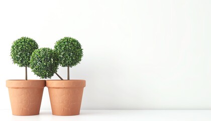 Green topiary plants in terracotta pots, white background, clean and elegant, minimalist and fresh