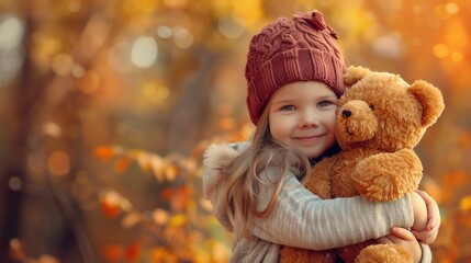 Little girl hugging teddy bear, autumn background, closeup, warm and nostalgic